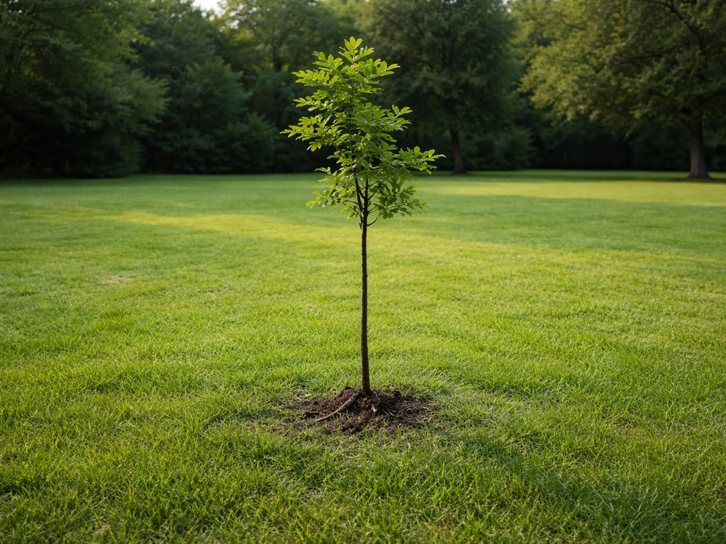 Een grasveld met een zaailing/boom die duidelijk uit het gazon omhoog groeit.