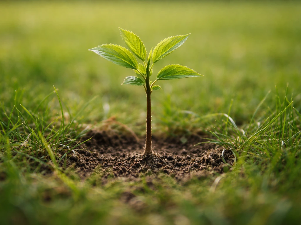 Close-up van een jonge boom/zaailing met stam en wortelvoet in het gras, bij scheefkijkende plantgroei