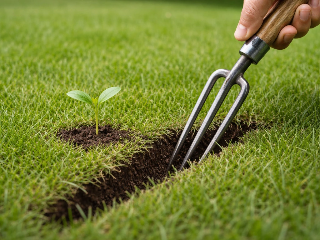 Smalle grondspit steekt veilig rondom een jonge spruit in een gazon, met intacte graszode.