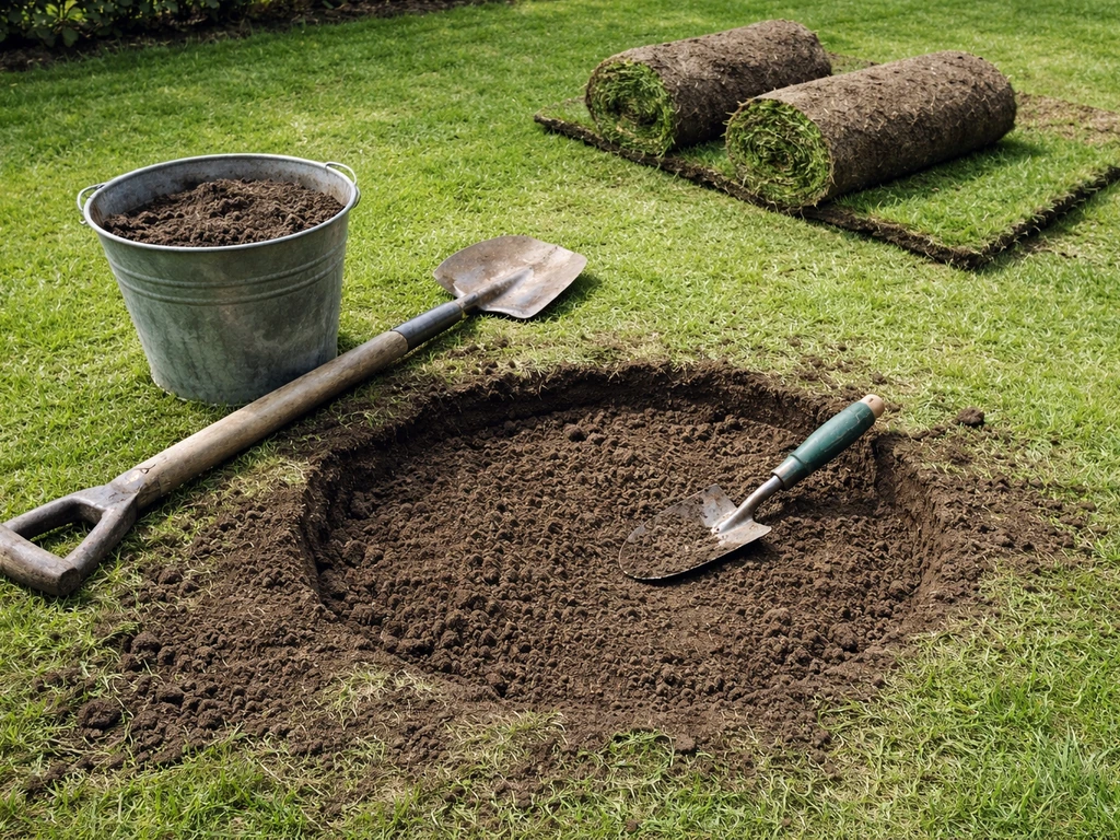 Gat in gazon wordt opgevuld met tuinaarde/zandige leem en graszoden liggen klaar om terug te leggen.