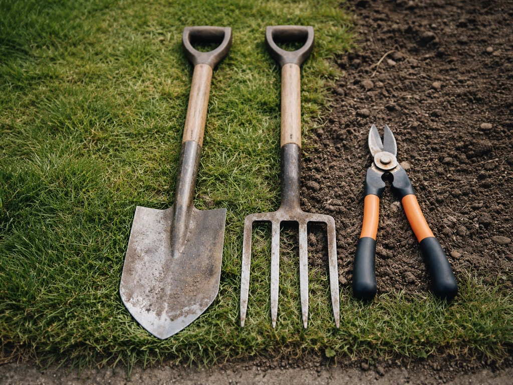 Puntige spade, spitvork en takkenschaar/snoeizaag op een grasrand, klaar voor gericht graven en wortels snijden.