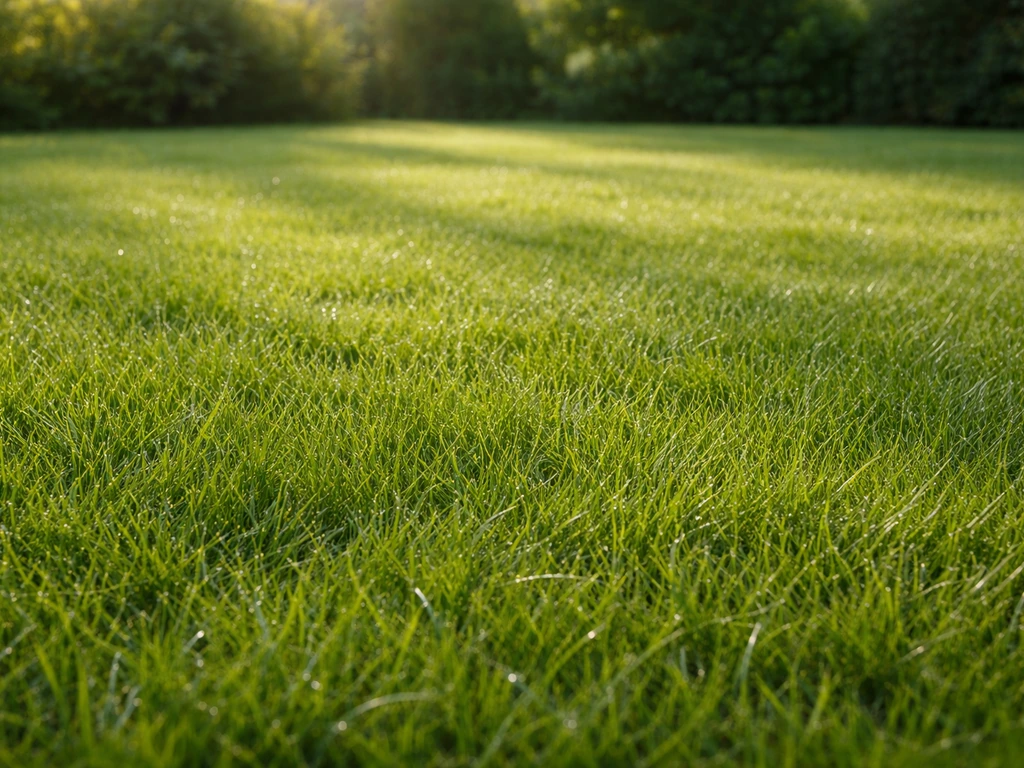 Breed beeld van frisgroen Nederlands gazon met dauw en zonlicht, dat levend en gezond oogt.