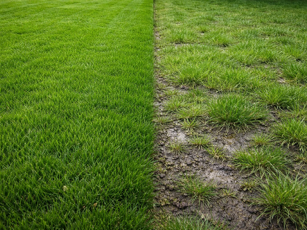 Links dicht en groen gazon in zonlicht, rechts slapper gras in schaduw/te nat met dunner groei.