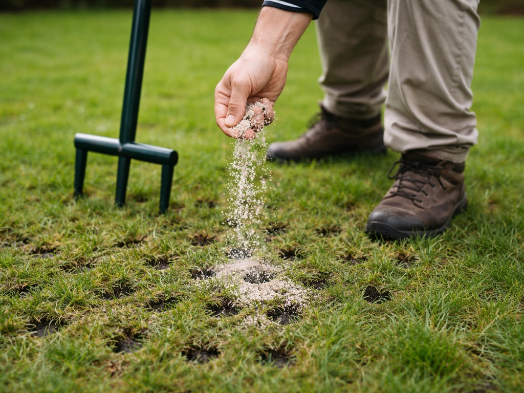 Gazon belucht: tuinzand valt in de gaten terwijl een prikstok de grond indrukt.