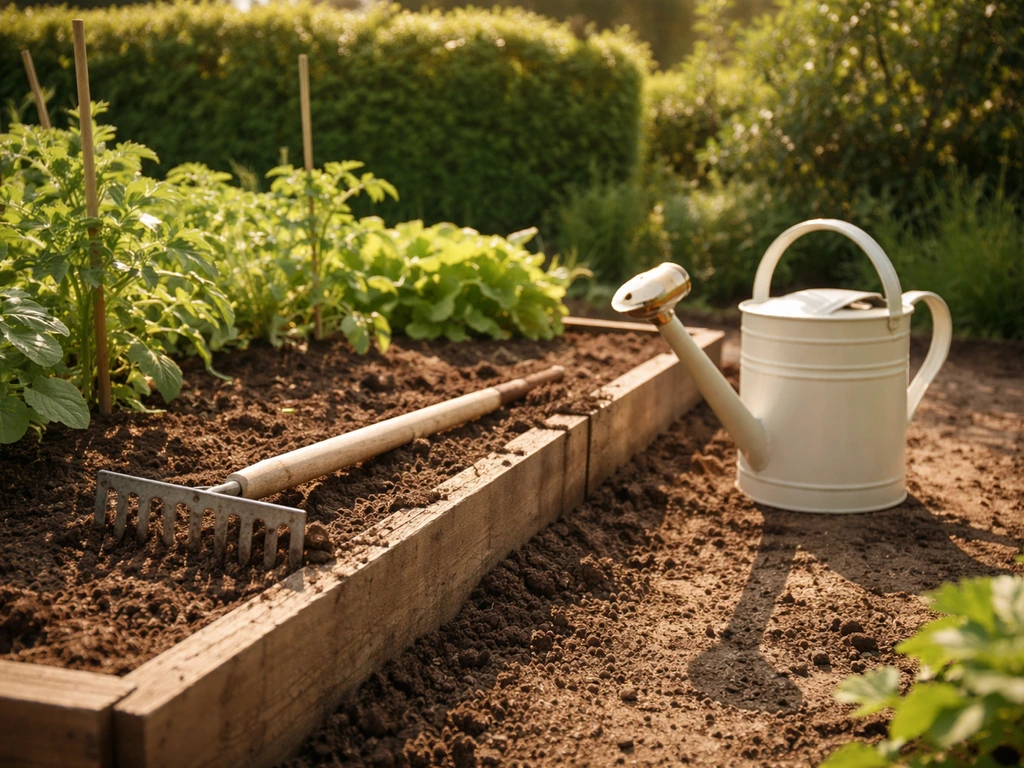 Tuinhark en gieter bij bemeste moestuinbedden, zonlicht en lichtgroene planten in de zomer.