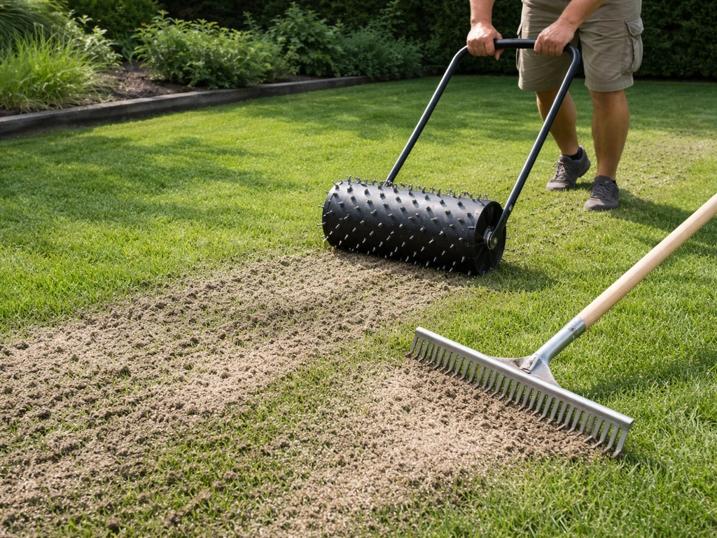 Gazon met beluchtingsgereedschap en daarna verse toplaag/zaadwerk in rustige achtertuin