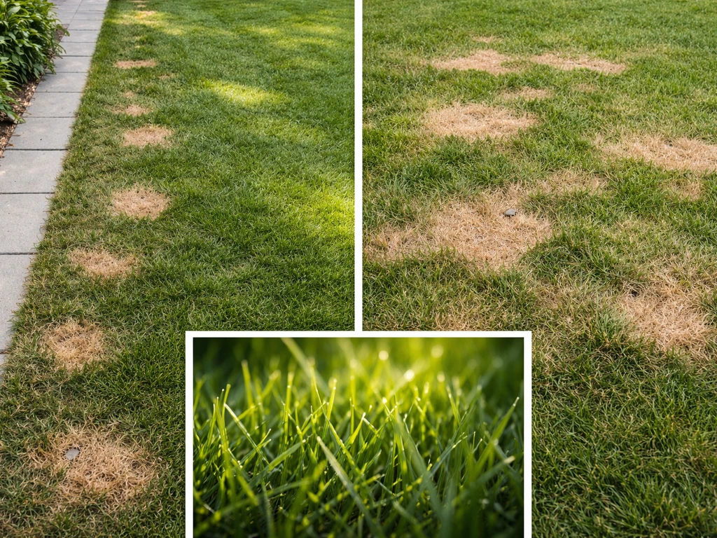 Bovenaanzicht van gazon met ronde plekken langs een pad en macro-opname van grasstructuur, close-up, zonder tekst