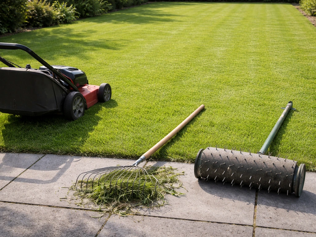 Gazon met ongeveer 4 cm gemaaid gras, tuingereedschap (maaier, hark met maaisel, prikrol) op de achtergrond.