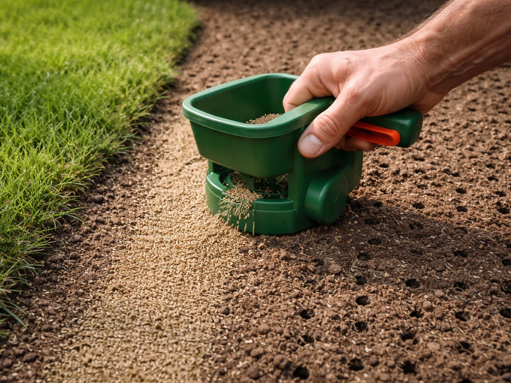 Tuinier met handzaaierstrooier en kleine graszaadstrook op kale plek, met beluchte grond zichtbaar
